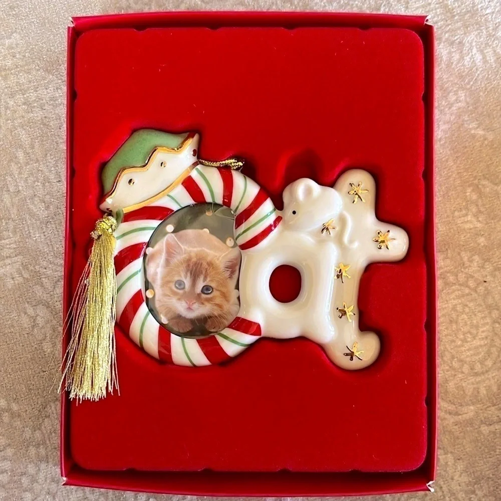 Brand New Lenox Christmas Ornament Magnet Cat Picture Photo Frame Ceramic Kitty